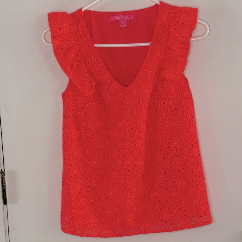 Lilly Pulitzer watermelon pink sleeveless eyelet blouse with ruffle Size XS